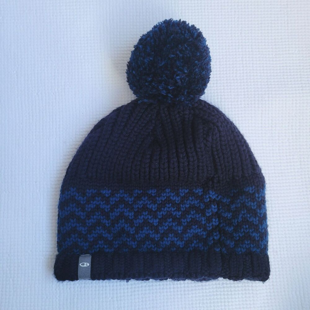 ICEBREAKER Blue Zig Pom Beanie One Size Wool Blend Winter Hat Lined Outdoor